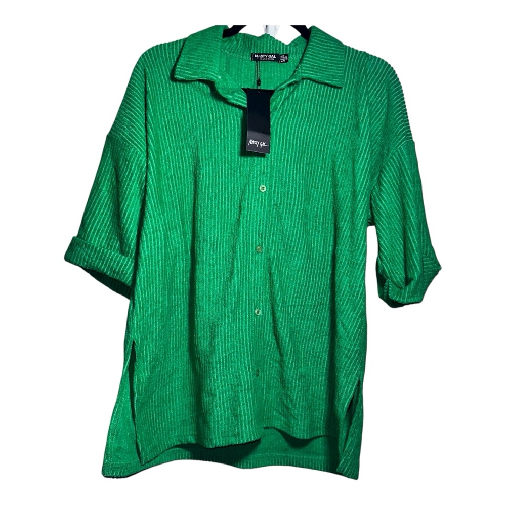 NWT NASTY GAL Toweling Fabric Buttondown Blouse Kelly Green Comfy Beach - Size 6